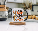 This Bunny Runs on Coffee and Pure Panic Coffee Mug, Funny Rabbit Lover Gift for Friends, Cute Sarcastic Ceramic Tea Cup with Black Handle