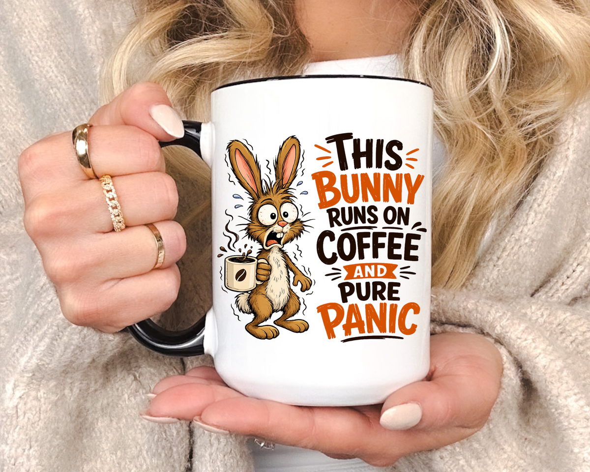 This Bunny Runs on Coffee and Pure Panic Coffee Mug, Funny Rabbit Lover Gift for Friends, Cute Sarcastic Ceramic Tea Cup with Black Handle