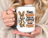 This Bunny Runs on Coffee and Pure Panic Coffee Mug, Funny Rabbit Lover Gift for Friends, Cute Sarcastic Ceramic Tea Cup with Black Handle