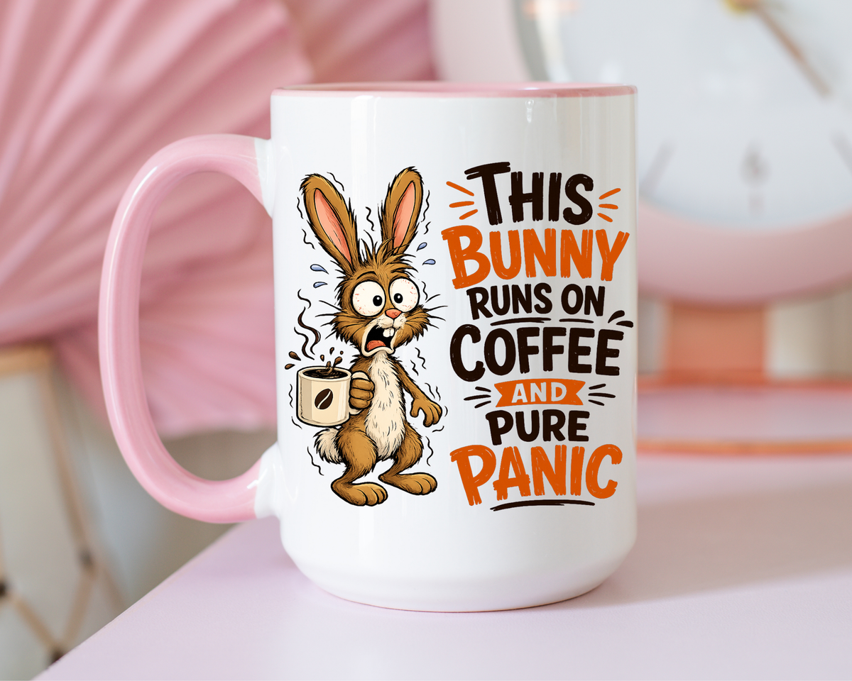 This Bunny Runs on Coffee and Pure Panic Coffee Mug, Funny Rabbit Lover Gift for Friends, Cute Sarcastic Ceramic Tea Cup with Black Handle