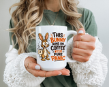 This Bunny Runs on Coffee and Pure Panic Coffee Mug, Funny Rabbit Lover Gift for Friends, Cute Sarcastic Ceramic Tea Cup with Black Handle