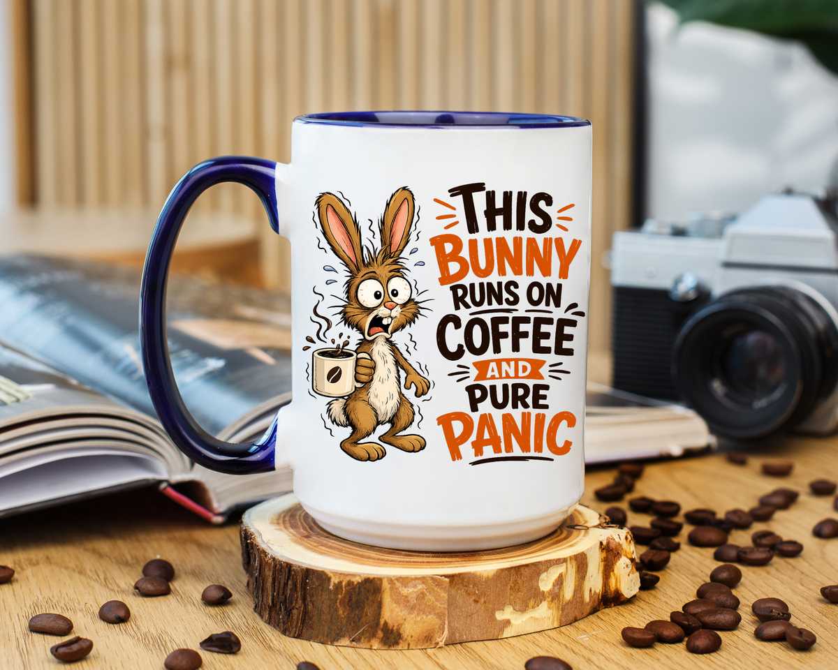 This Bunny Runs on Coffee and Pure Panic Coffee Mug, Funny Rabbit Lover Gift for Friends, Cute Sarcastic Ceramic Tea Cup with Black Handle