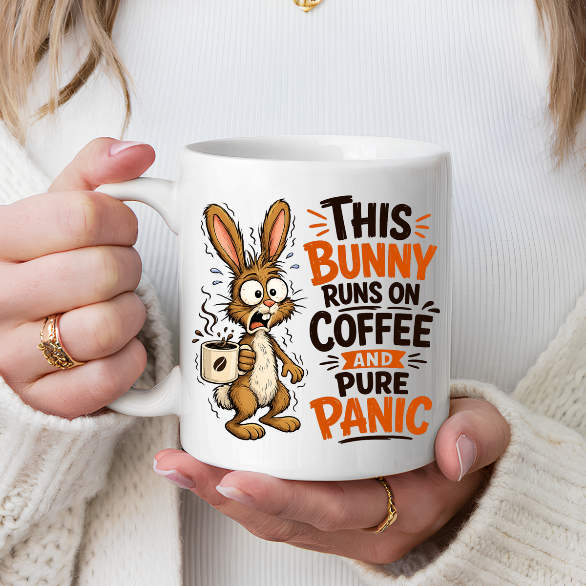 This Bunny Runs on Coffee and Pure Panic Coffee Mug, Funny Rabbit Lover Gift for Friends, Cute Sarcastic Ceramic Tea Cup with Black Handle