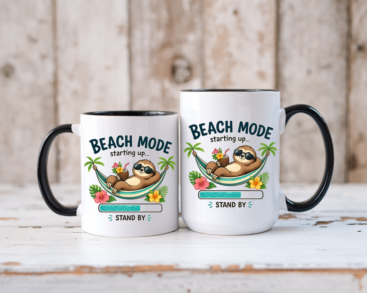 Beach Mode Sloth Coffee Mug, Funny Summer Vacation Gift for Sloth Lovers, Cute Tropical Hammock Ceramic Tea Cup with Blue Handle