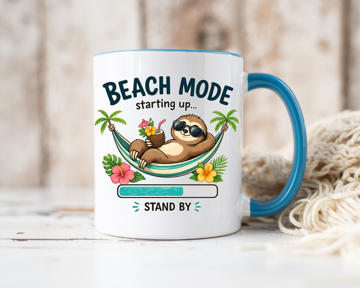 Beach Mode Sloth Coffee Mug, Funny Summer Vacation Gift for Sloth Lovers, Cute Tropical Hammock Ceramic Tea Cup with Blue Handle