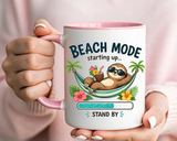 Beach Mode Sloth Coffee Mug, Funny Summer Vacation Gift for Sloth Lovers, Cute Tropical Hammock Ceramic Tea Cup with Blue Handle