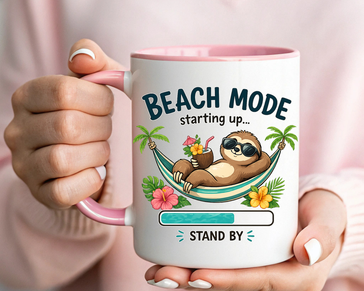 Beach Mode Sloth Coffee Mug, Funny Summer Vacation Gift for Sloth Lovers, Cute Tropical Hammock Ceramic Tea Cup with Blue Handle