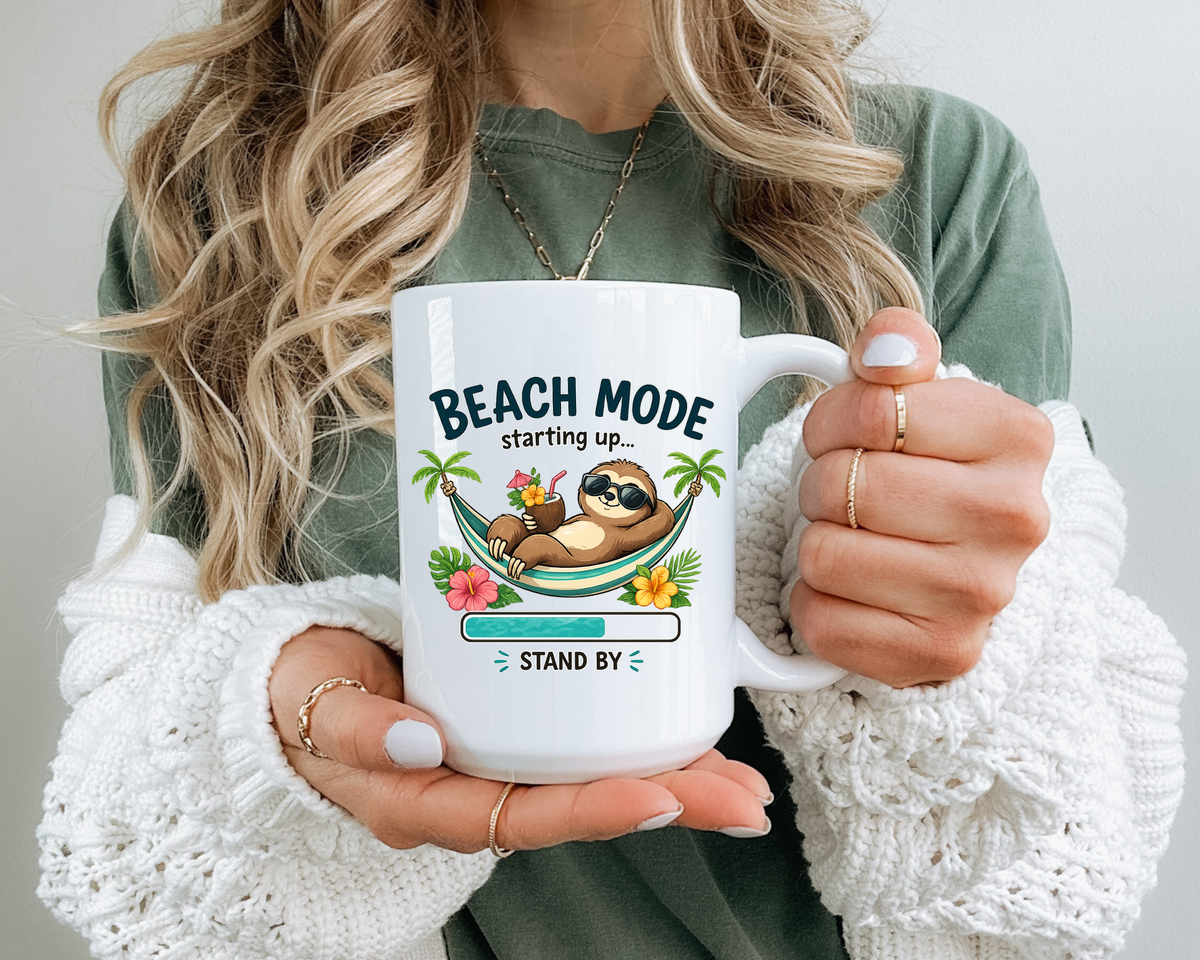 Beach Mode Sloth Coffee Mug, Funny Summer Vacation Gift for Sloth Lovers, Cute Tropical Hammock Ceramic Tea Cup with Blue Handle