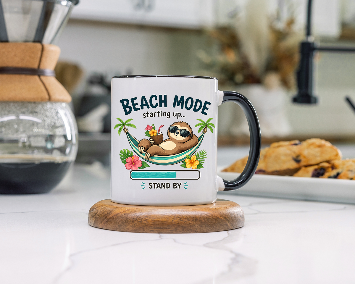 Beach Mode Sloth Coffee Mug, Funny Summer Vacation Gift for Sloth Lovers, Cute Tropical Hammock Ceramic Tea Cup with Blue Handle