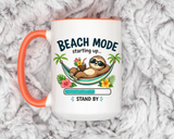 Beach Mode Sloth Coffee Mug, Funny Summer Vacation Gift for Sloth Lovers, Cute Tropical Hammock Ceramic Tea Cup with Blue Handle