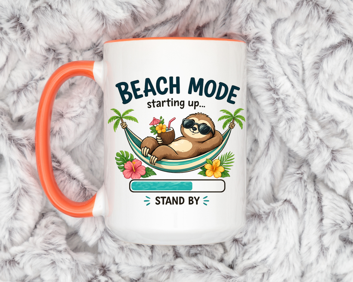 Beach Mode Sloth Coffee Mug, Funny Summer Vacation Gift for Sloth Lovers, Cute Tropical Hammock Ceramic Tea Cup with Blue Handle
