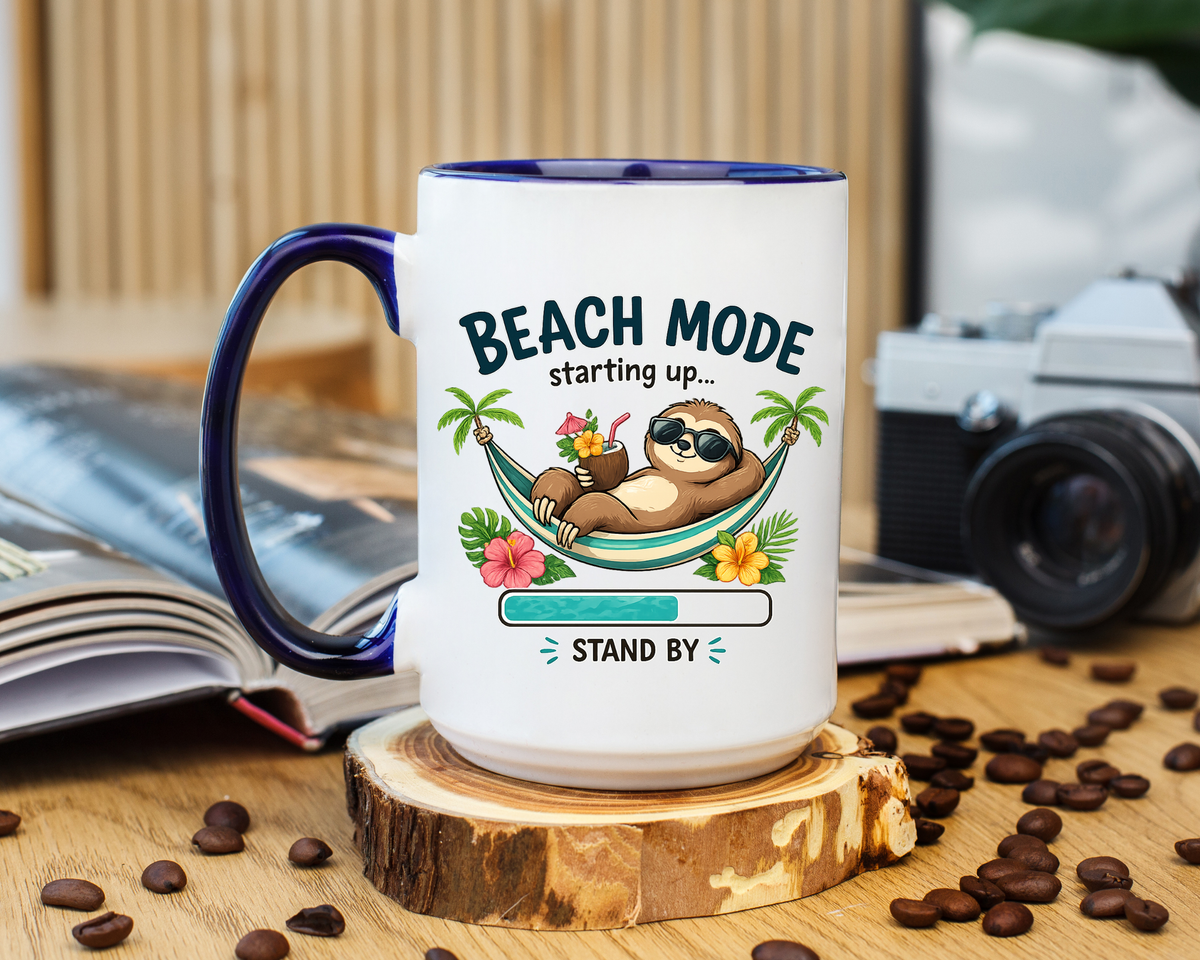 Beach Mode Sloth Coffee Mug, Funny Summer Vacation Gift for Sloth Lovers, Cute Tropical Hammock Ceramic Tea Cup with Blue Handle