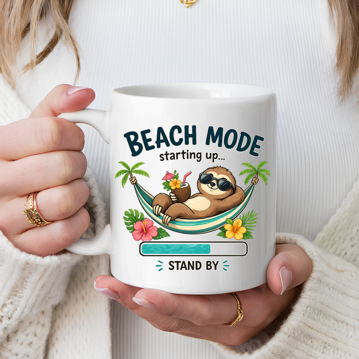 Beach Mode Sloth Coffee Mug, Funny Summer Vacation Gift for Sloth Lovers, Cute Tropical Hammock Ceramic Tea Cup with Blue Handle