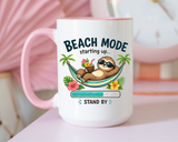 Beach Mode Sloth Coffee Mug, Funny Summer Vacation Gift for Sloth Lovers, Cute Tropical Hammock Ceramic Tea Cup with Blue Handle
