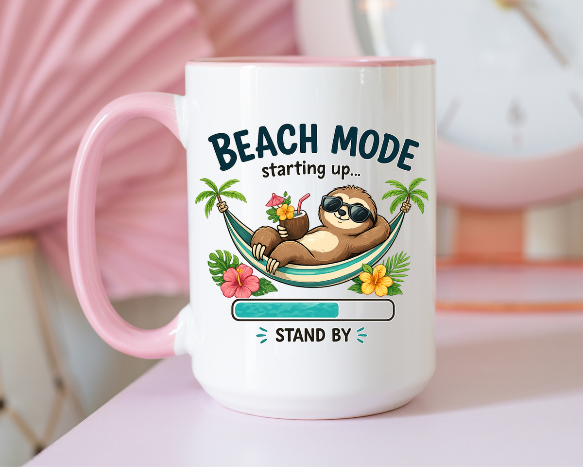 Beach Mode Sloth Coffee Mug, Funny Summer Vacation Gift for Sloth Lovers, Cute Tropical Hammock Ceramic Tea Cup with Blue Handle