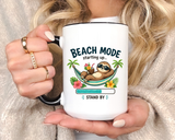 Beach Mode Sloth Coffee Mug, Funny Summer Vacation Gift for Sloth Lovers, Cute Tropical Hammock Ceramic Tea Cup with Blue Handle
