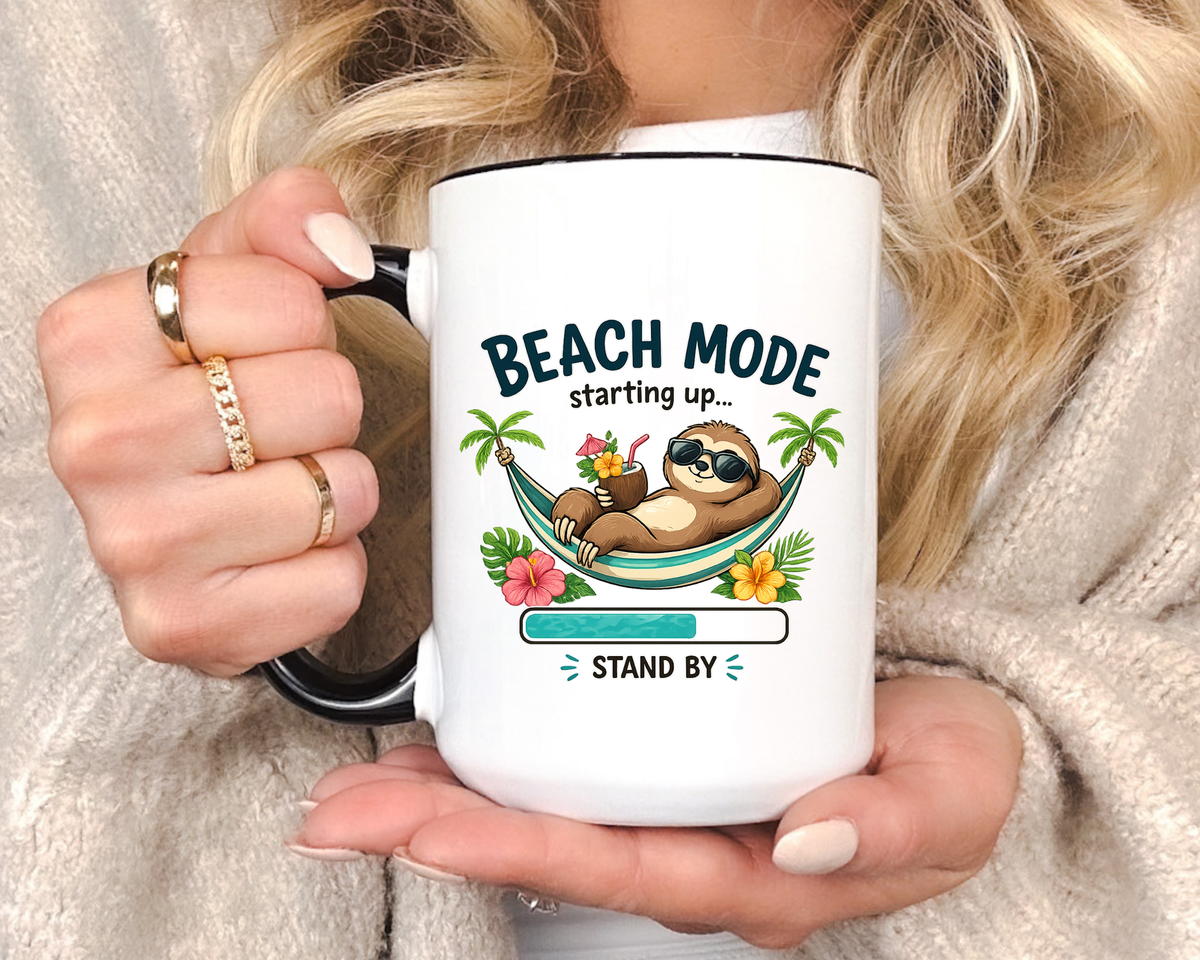Beach Mode Sloth Coffee Mug, Funny Summer Vacation Gift for Sloth Lovers, Cute Tropical Hammock Ceramic Tea Cup with Blue Handle