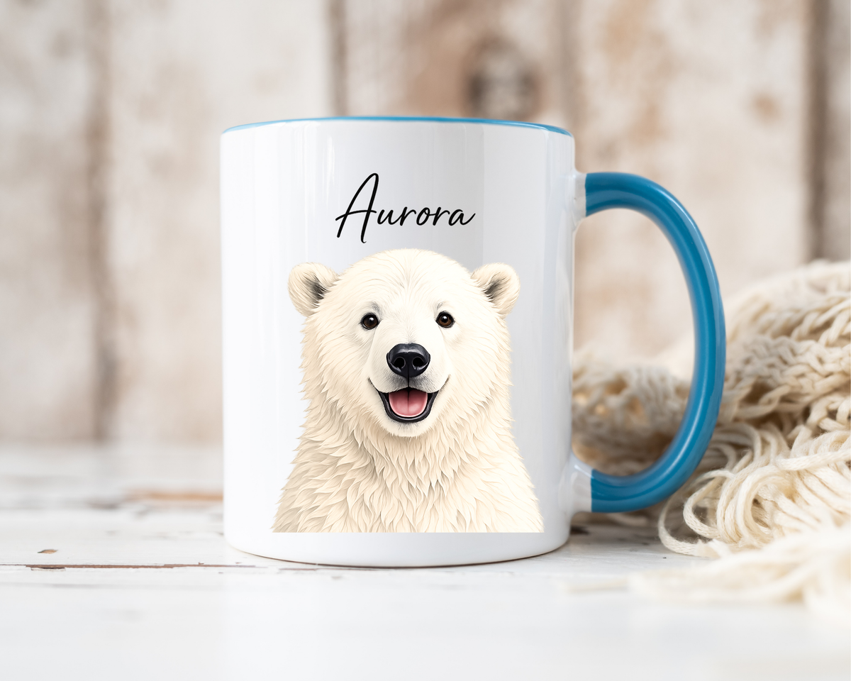 Custom Polar Bear Coffee Mug with Name, Personalized Arctic Animal Gift for Kids, Cute Winter Holiday Ceramic Tea Cup with Orange Handle