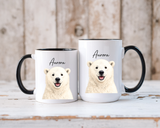 Custom Polar Bear Coffee Mug with Name, Personalized Arctic Animal Gift for Kids, Cute Winter Holiday Ceramic Tea Cup with Orange Handle