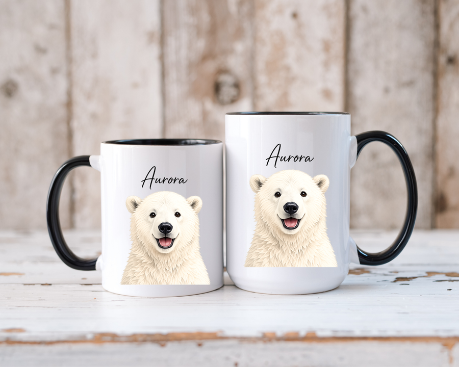 Custom Polar Bear Coffee Mug with Name, Personalized Arctic Animal Gift for Kids, Cute Winter Holiday Ceramic Tea Cup with Orange Handle