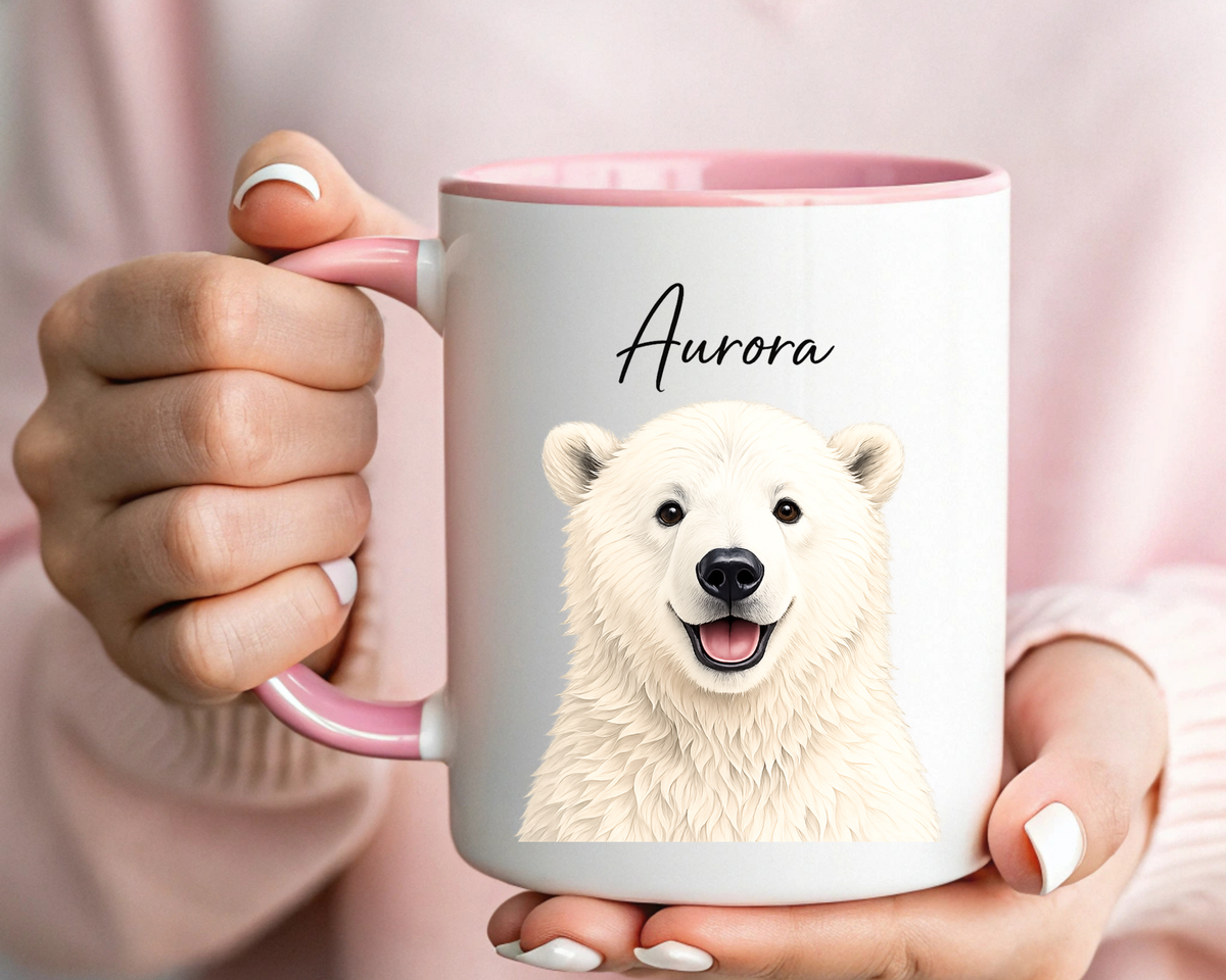 Custom Polar Bear Coffee Mug with Name, Personalized Arctic Animal Gift for Kids, Cute Winter Holiday Ceramic Tea Cup with Orange Handle