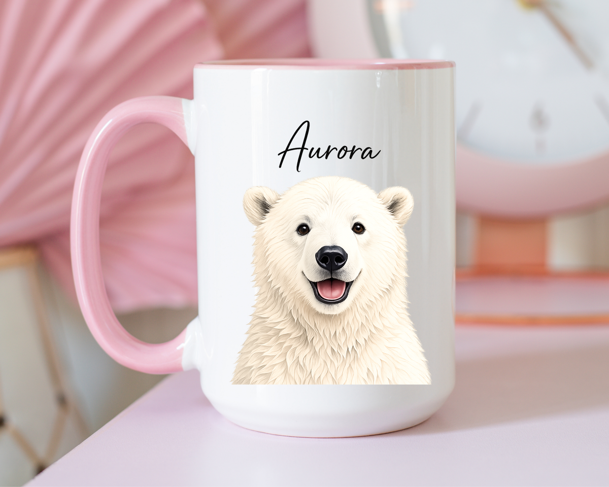 Custom Polar Bear Coffee Mug with Name, Personalized Arctic Animal Gift for Kids, Cute Winter Holiday Ceramic Tea Cup with Orange Handle