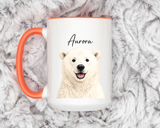Custom Polar Bear Coffee Mug with Name, Personalized Arctic Animal Gift for Kids, Cute Winter Holiday Ceramic Tea Cup with Orange Handle