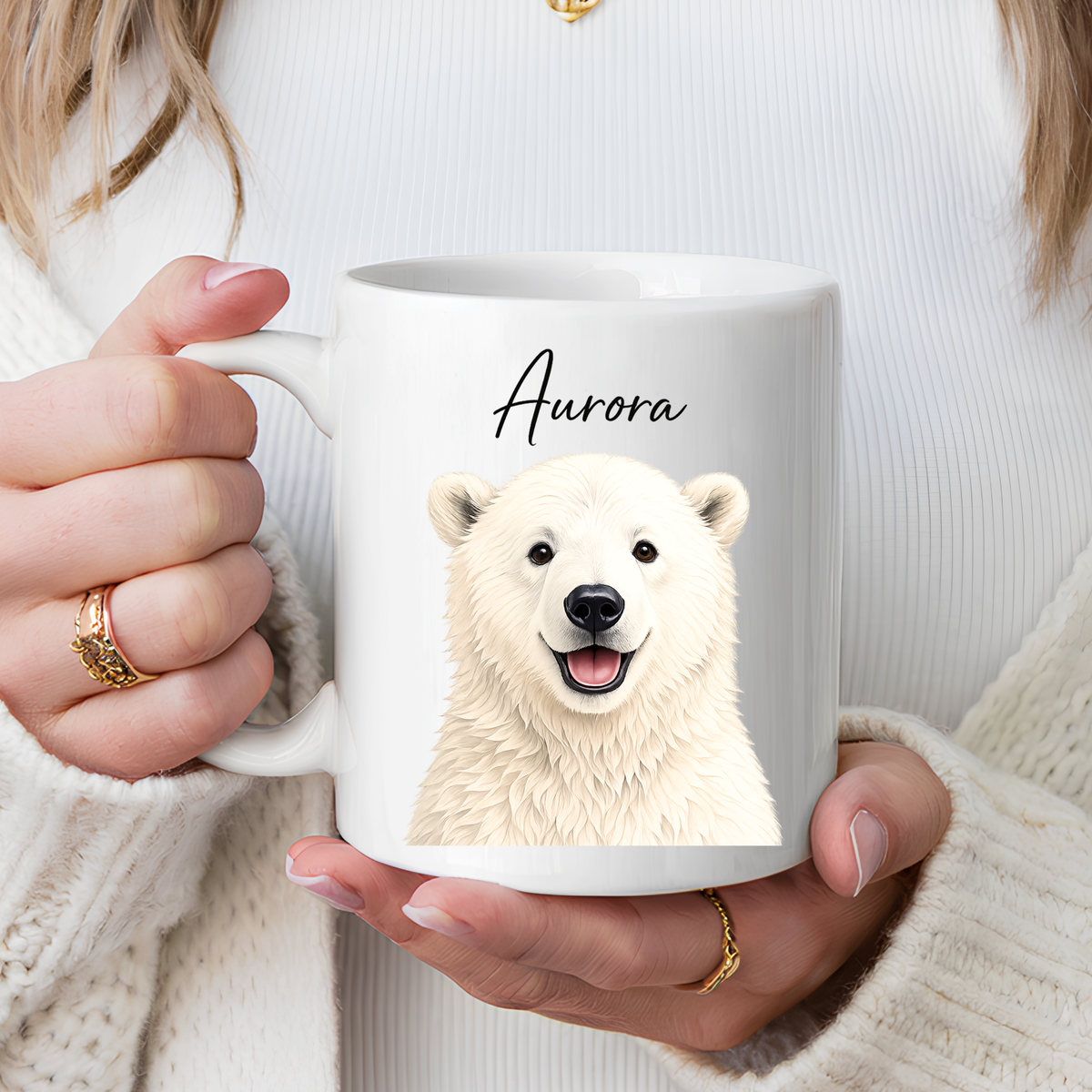 Custom Polar Bear Coffee Mug with Name, Personalized Arctic Animal Gift for Kids, Cute Winter Holiday Ceramic Tea Cup with Orange Handle