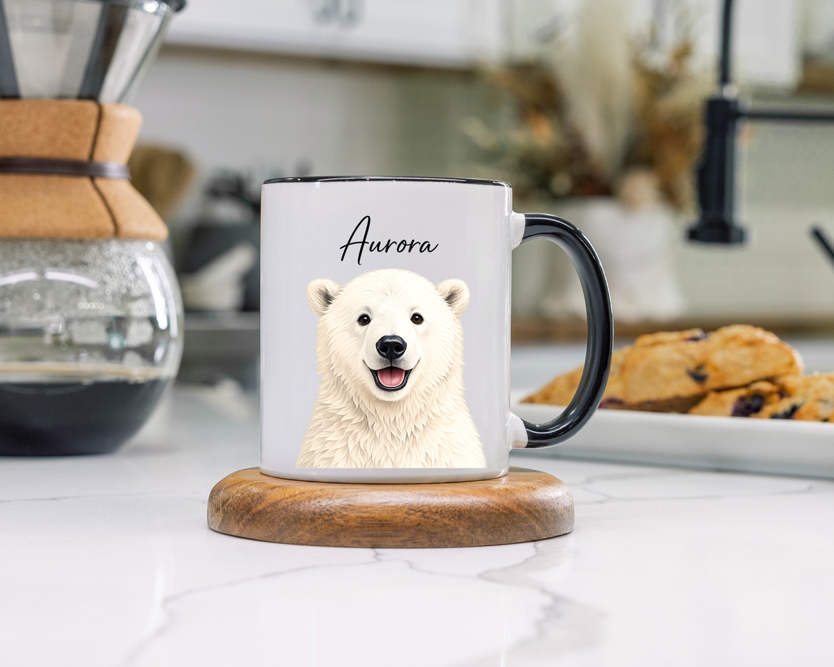 Custom Polar Bear Coffee Mug with Name, Personalized Arctic Animal Gift for Kids, Cute Winter Holiday Ceramic Tea Cup with Orange Handle