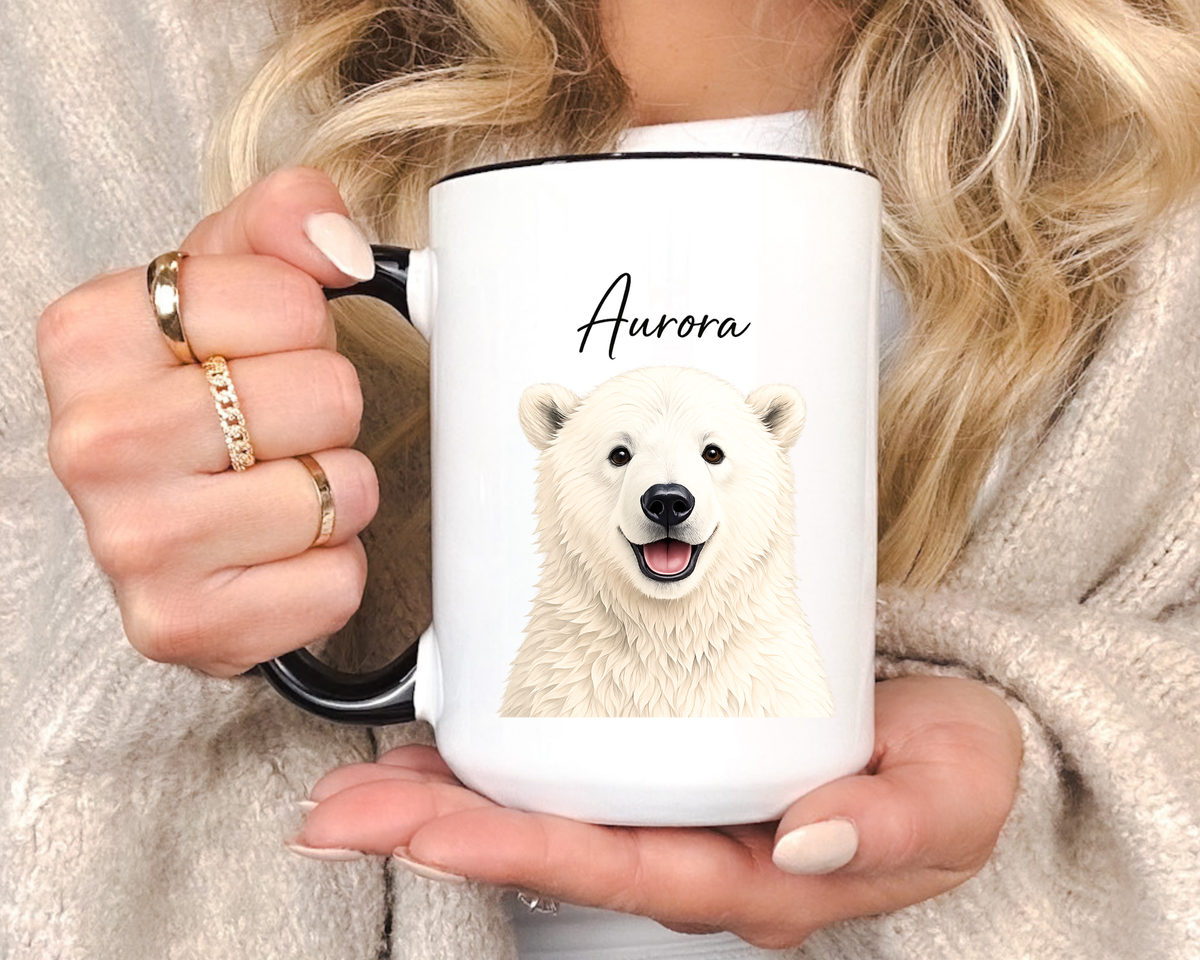 Custom Polar Bear Coffee Mug with Name, Personalized Arctic Animal Gift for Kids, Cute Winter Holiday Ceramic Tea Cup with Orange Handle
