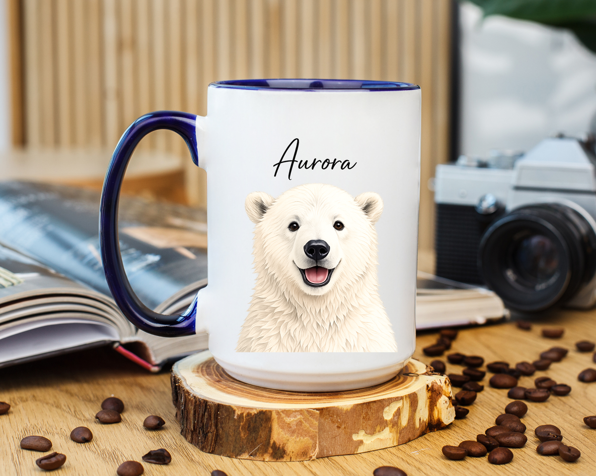 Custom Polar Bear Coffee Mug with Name, Personalized Arctic Animal Gift for Kids, Cute Winter Holiday Ceramic Tea Cup with Orange Handle