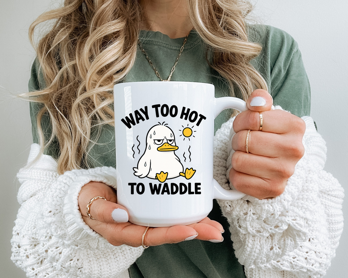 Way Too Hot to Waddle Coffee Mug, Funny Duck Lover Gift for Coworkers, Cute Summer Heat Sarcastic Ceramic Tea Cup with Orange Handle