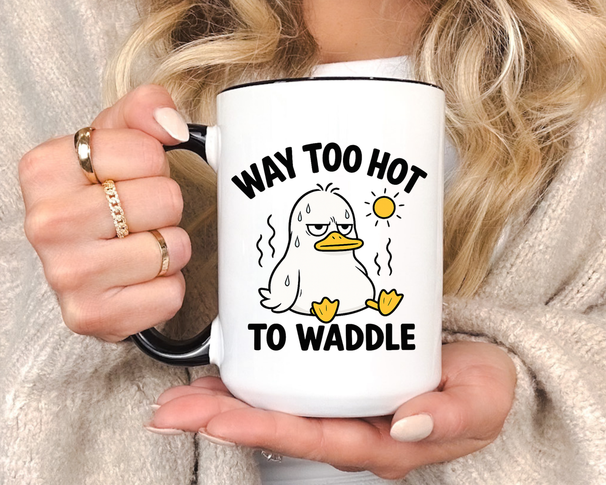 Way Too Hot to Waddle Coffee Mug, Funny Duck Lover Gift for Coworkers, Cute Summer Heat Sarcastic Ceramic Tea Cup with Orange Handle