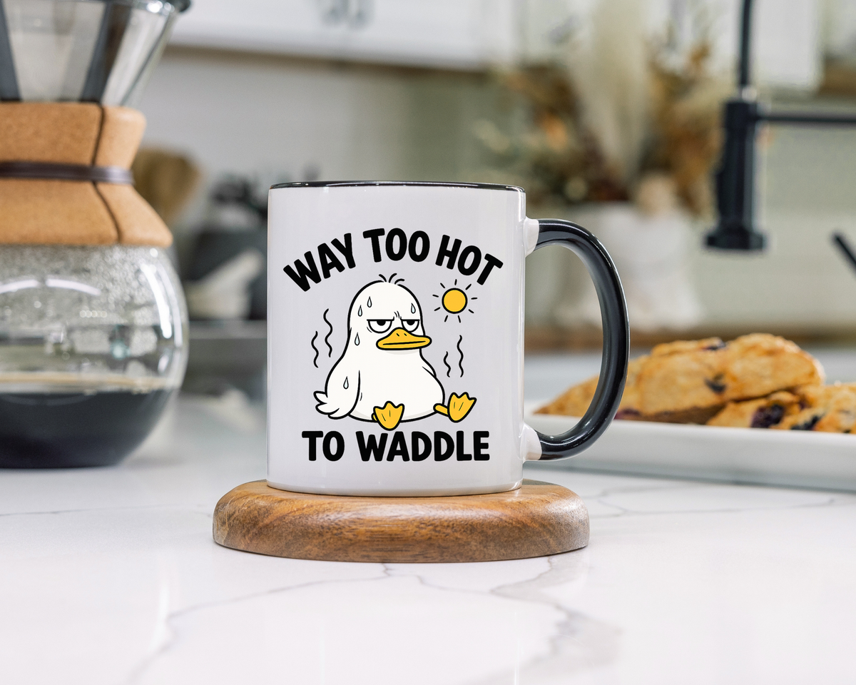 Way Too Hot to Waddle Coffee Mug, Funny Duck Lover Gift for Coworkers, Cute Summer Heat Sarcastic Ceramic Tea Cup with Orange Handle