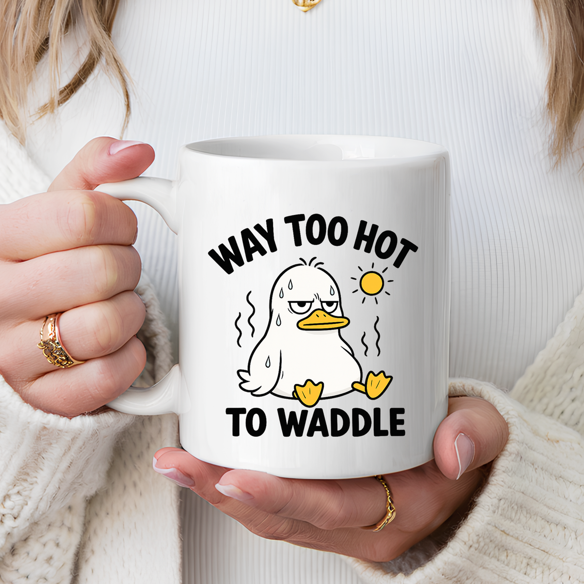 Way Too Hot to Waddle Coffee Mug, Funny Duck Lover Gift for Coworkers, Cute Summer Heat Sarcastic Ceramic Tea Cup with Orange Handle