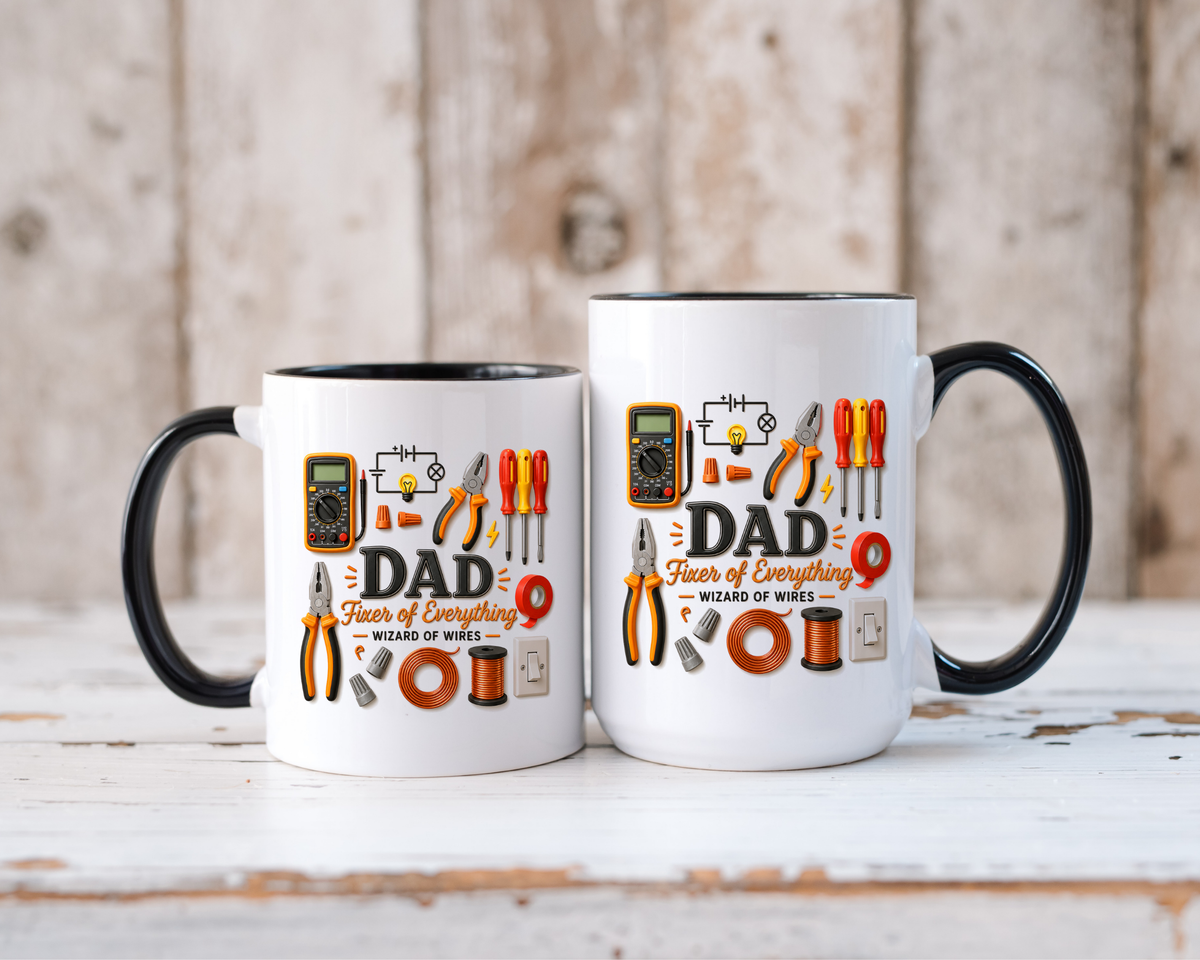 Electrician Dad Fixer of Everything Coffee Mug, Father's Day Gift for Electricians, Lineman Papa Handyman Ceramic Tea Cup with Black Handle