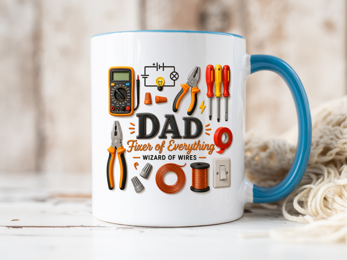 Electrician Dad Fixer of Everything Coffee Mug, Father's Day Gift for Electricians, Lineman Papa Handyman Ceramic Tea Cup with Black Handle