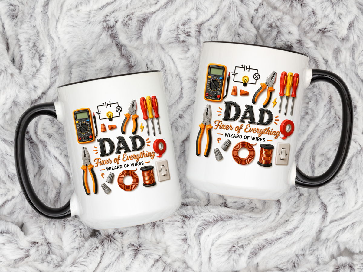 Electrician Dad Fixer of Everything Coffee Mug, Father's Day Gift for Electricians, Lineman Papa Handyman Ceramic Tea Cup with Black Handle