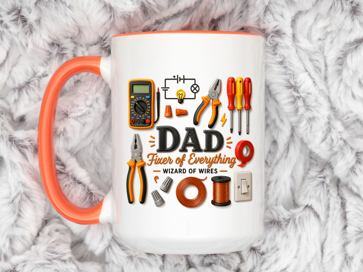 Electrician Dad Fixer of Everything Coffee Mug, Father's Day Gift for Electricians, Lineman Papa Handyman Ceramic Tea Cup with Black Handle