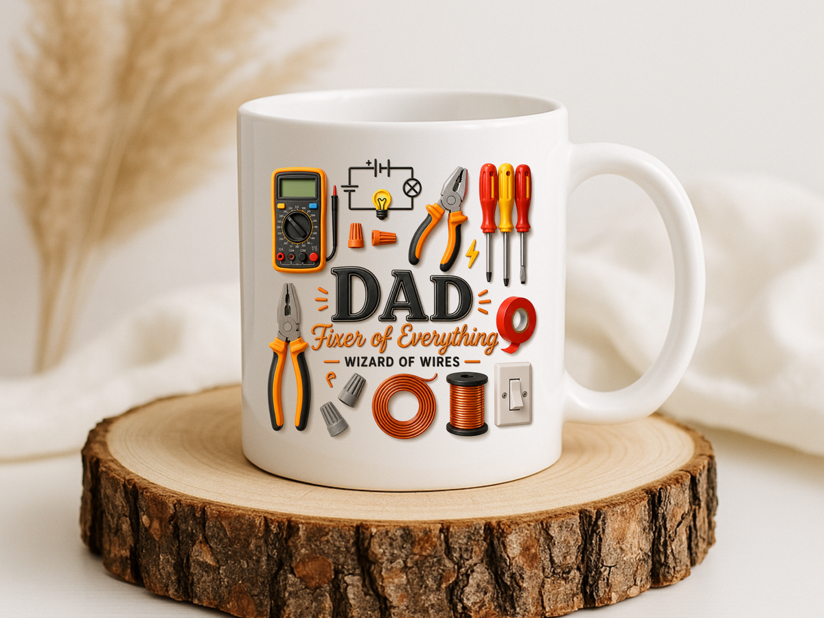 Electrician Dad Fixer of Everything Coffee Mug, Father's Day Gift for Electricians, Lineman Papa Handyman Ceramic Tea Cup with Black Handle