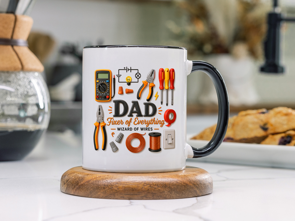 Electrician Dad Fixer of Everything Coffee Mug, Father's Day Gift for Electricians, Lineman Papa Handyman Ceramic Tea Cup with Black Handle