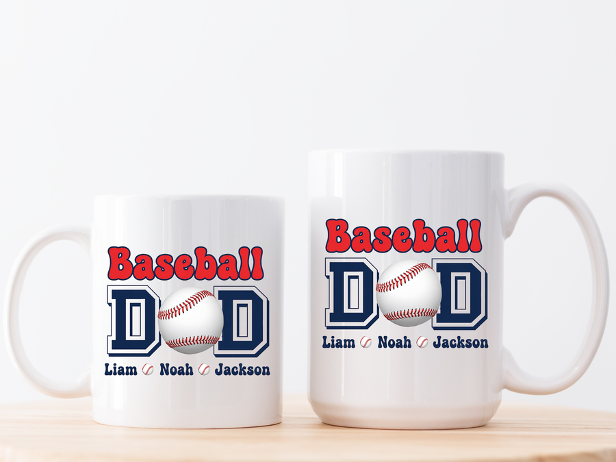 Custom Baseball Dad Coffee Mug with Kids Names, Personalized Sports Father's Day Gift, Cute Team Coach Appreciation Ceramic Tea Cup