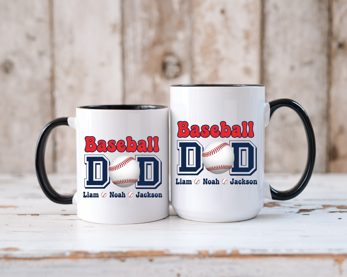 Custom Baseball Dad Coffee Mug with Kids Names, Personalized Sports Father's Day Gift, Cute Team Coach Appreciation Ceramic Tea Cup