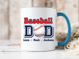 Custom Baseball Dad Coffee Mug with Kids Names, Personalized Sports Father's Day Gift, Cute Team Coach Appreciation Ceramic Tea Cup