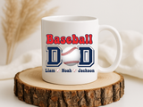 Custom Baseball Dad Coffee Mug with Kids Names, Personalized Sports Father's Day Gift, Cute Team Coach Appreciation Ceramic Tea Cup