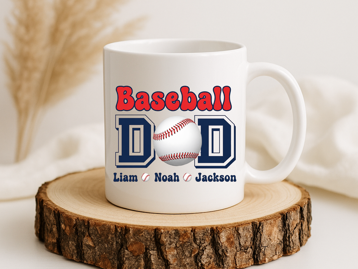 Custom Baseball Dad Coffee Mug with Kids Names, Personalized Sports Father's Day Gift, Cute Team Coach Appreciation Ceramic Tea Cup
