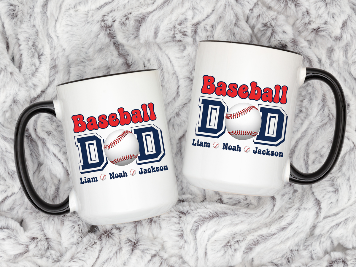 Custom Baseball Dad Coffee Mug with Kids Names, Personalized Sports Father's Day Gift, Cute Team Coach Appreciation Ceramic Tea Cup