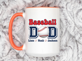 Custom Baseball Dad Coffee Mug with Kids Names, Personalized Sports Father's Day Gift, Cute Team Coach Appreciation Ceramic Tea Cup
