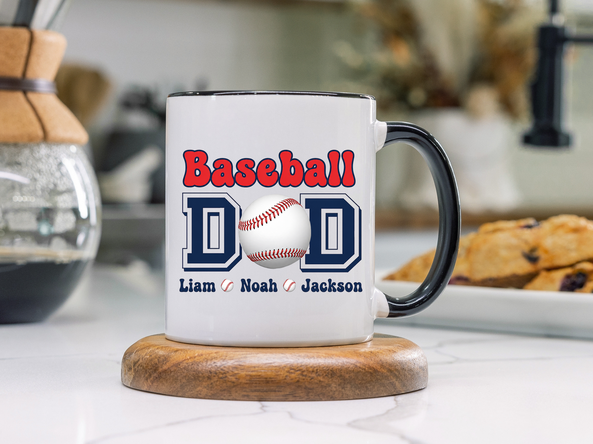 Custom Baseball Dad Coffee Mug with Kids Names, Personalized Sports Father's Day Gift, Cute Team Coach Appreciation Ceramic Tea Cup