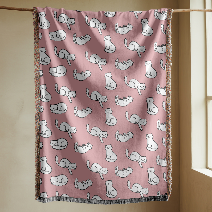 Cute Cat Pattern Woven Blanket, Pink Cat Lover Throw Blanket, Cozy Feline Home Decor, Cat Mom Gift, Pet Lover Couch Blanket